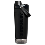 Front view of the black Stanley Activate Shaker Bottle featuring the side handle, leakproof lid, and transparent base storage jar.
