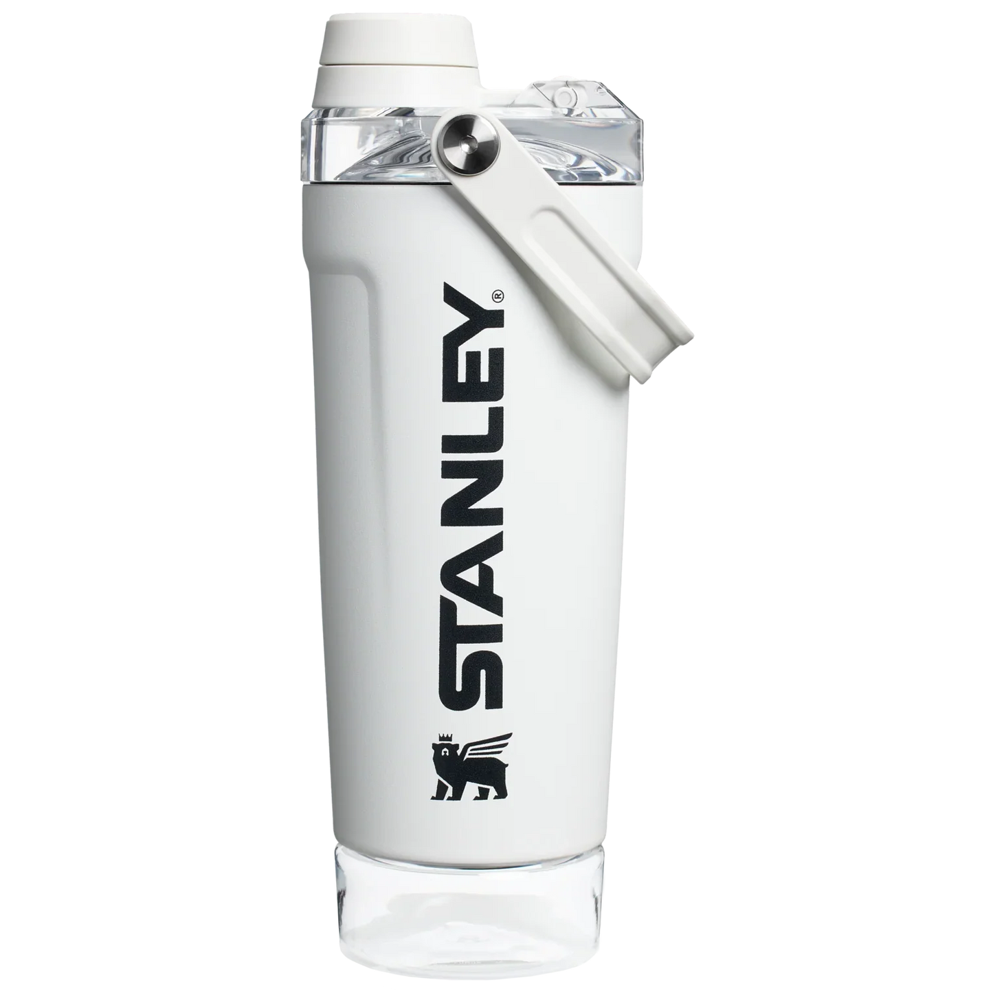 Front view of the black Stanley Activate Shaker Bottle featuring the side handle, leakproof lid, and transparent base storage jar.
