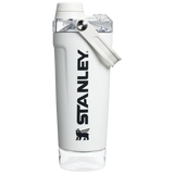 Front view of the black Stanley Activate Shaker Bottle featuring the side handle, leakproof lid, and transparent base storage jar.
