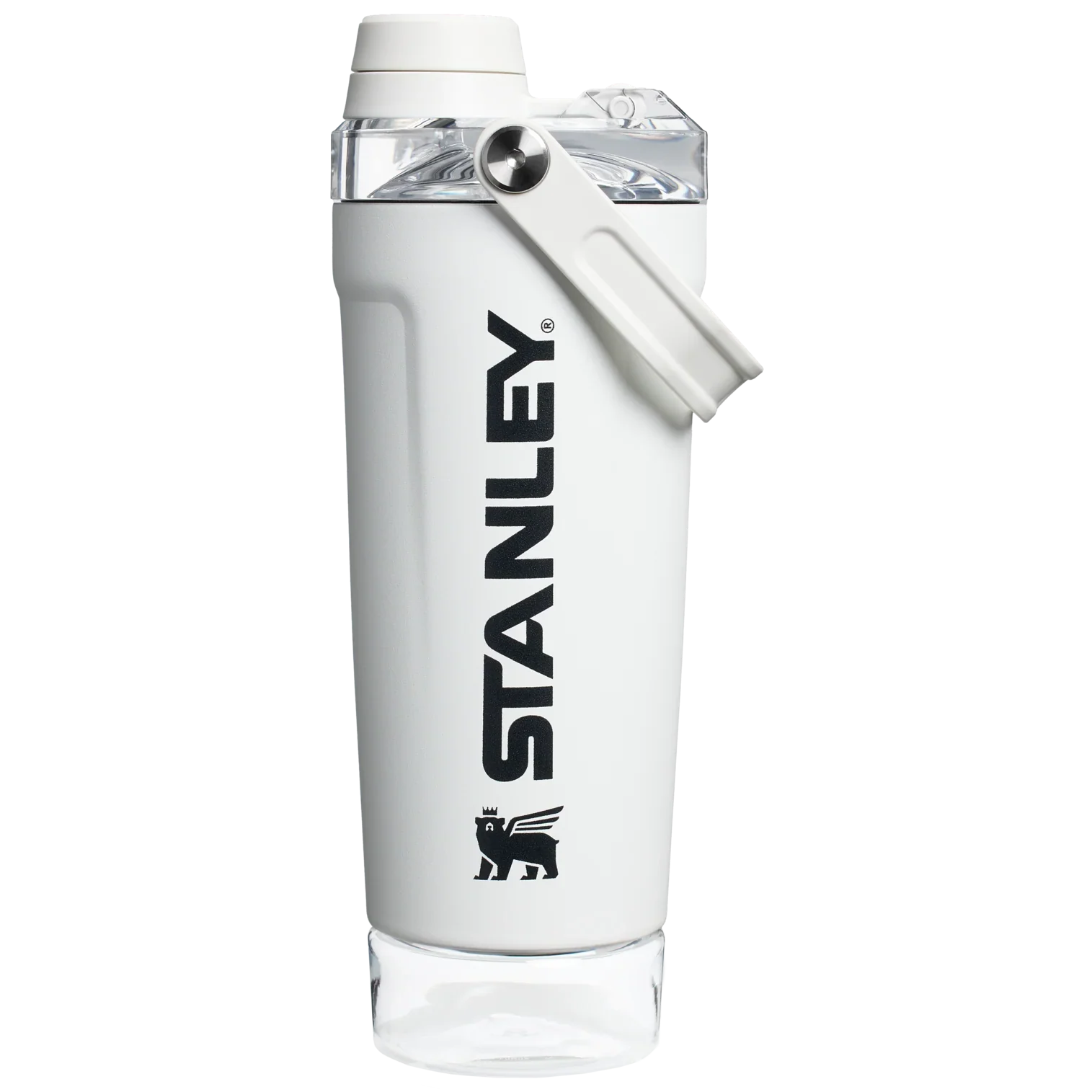 Front view of the black Stanley Activate Shaker Bottle featuring the side handle, leakproof lid, and transparent base storage jar.
