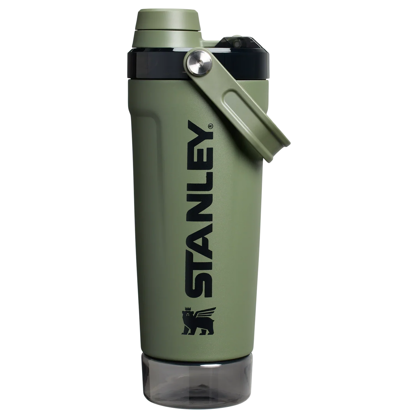 Front view of the black Stanley Activate Shaker Bottle featuring the side handle, leakproof lid, and transparent base storage jar.
