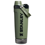 Front view of the black Stanley Activate Shaker Bottle featuring the side handle, leakproof lid, and transparent base storage jar.

