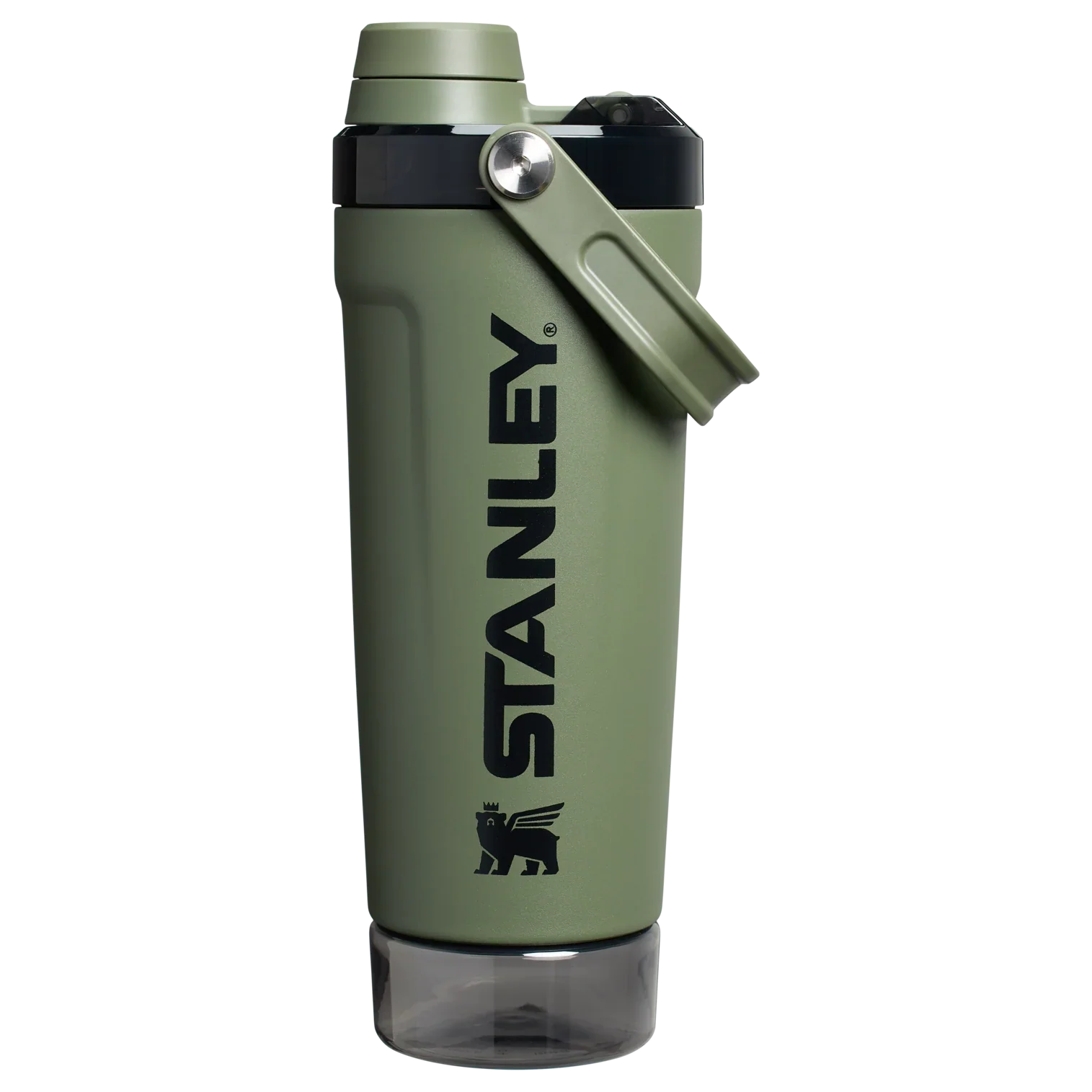 Front view of the black Stanley Activate Shaker Bottle featuring the side handle, leakproof lid, and transparent base storage jar.

