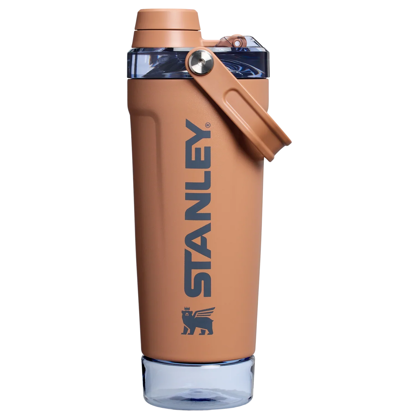 Front view of the black Stanley Activate Shaker Bottle featuring the side handle, leakproof lid, and transparent base storage jar.

