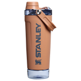 Front view of the black Stanley Activate Shaker Bottle featuring the side handle, leakproof lid, and transparent base storage jar.
