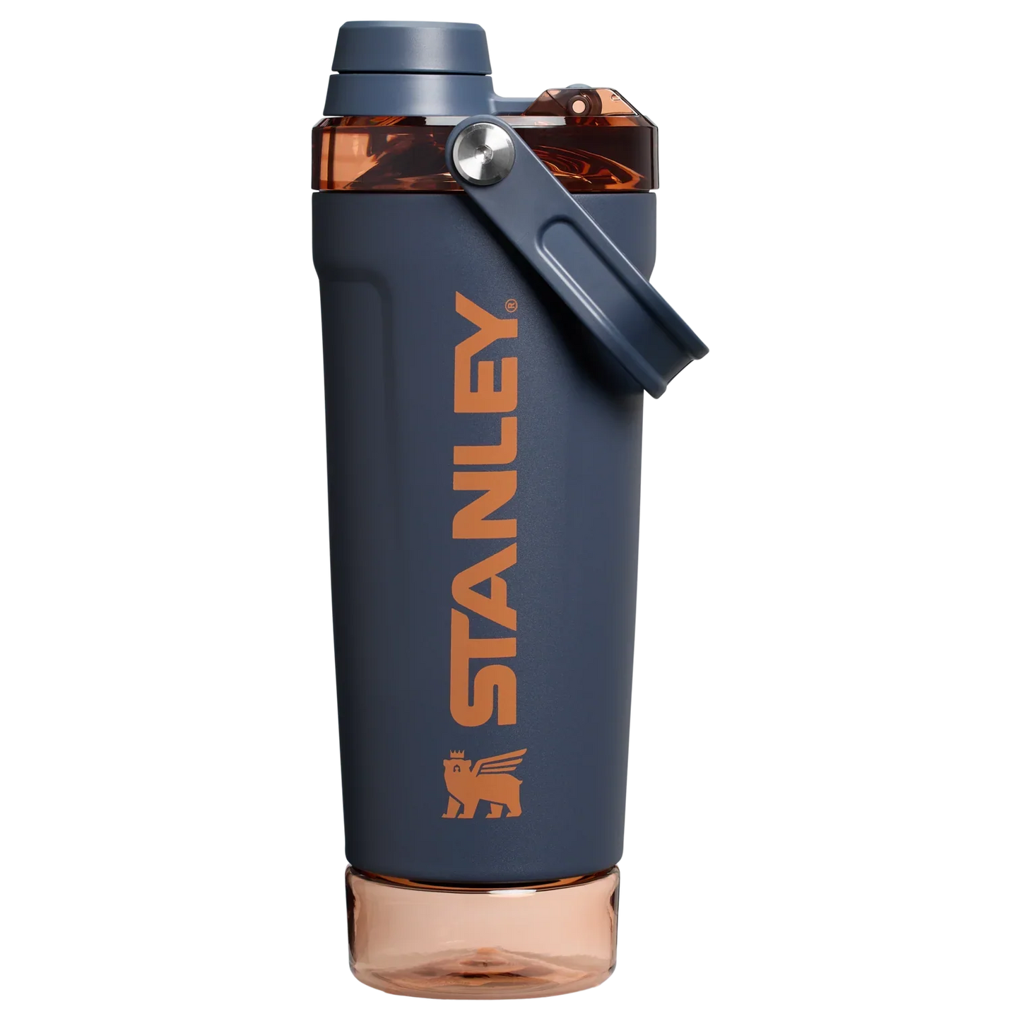 Front view of the black Stanley Activate Shaker Bottle featuring the side handle, leakproof lid, and transparent base storage jar.
