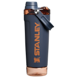 Front view of the black Stanley Activate Shaker Bottle featuring the side handle, leakproof lid, and transparent base storage jar.
