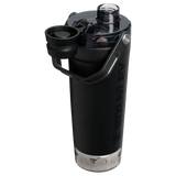 A black Stanley Activate Shaker Bottle with an open tethered cap, showing the lid and carry handle design.
