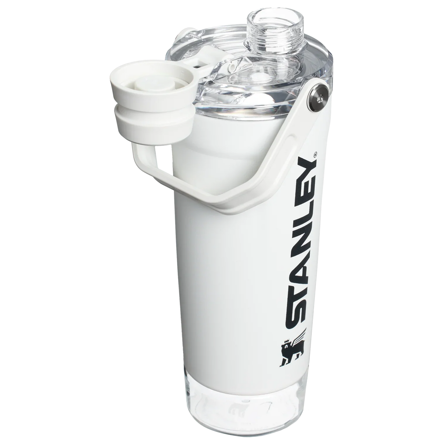 A black Stanley Activate Shaker Bottle with an open tethered cap, showing the lid and carry handle design.
