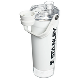 A black Stanley Activate Shaker Bottle with an open tethered cap, showing the lid and carry handle design.
