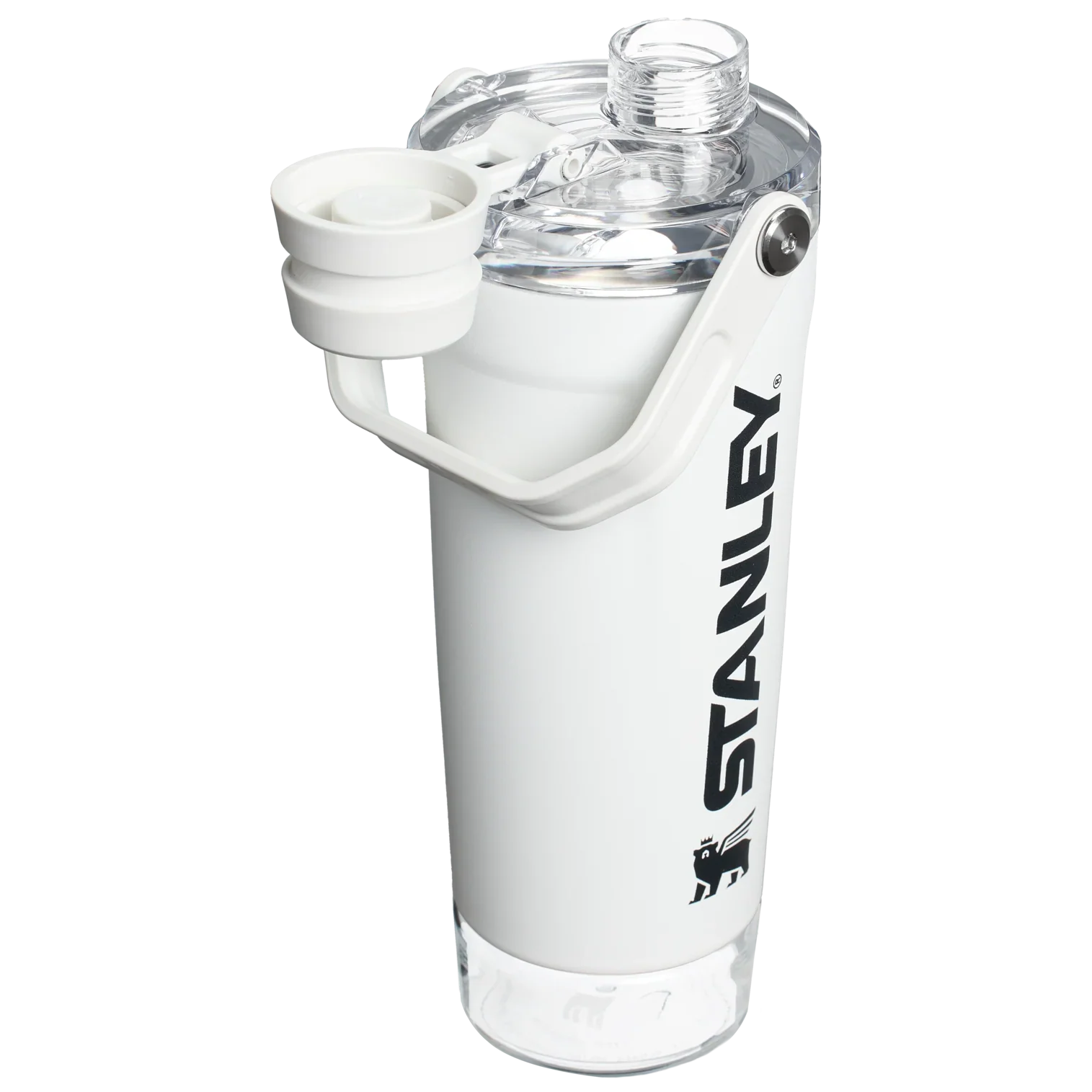 A black Stanley Activate Shaker Bottle with an open tethered cap, showing the lid and carry handle design.
